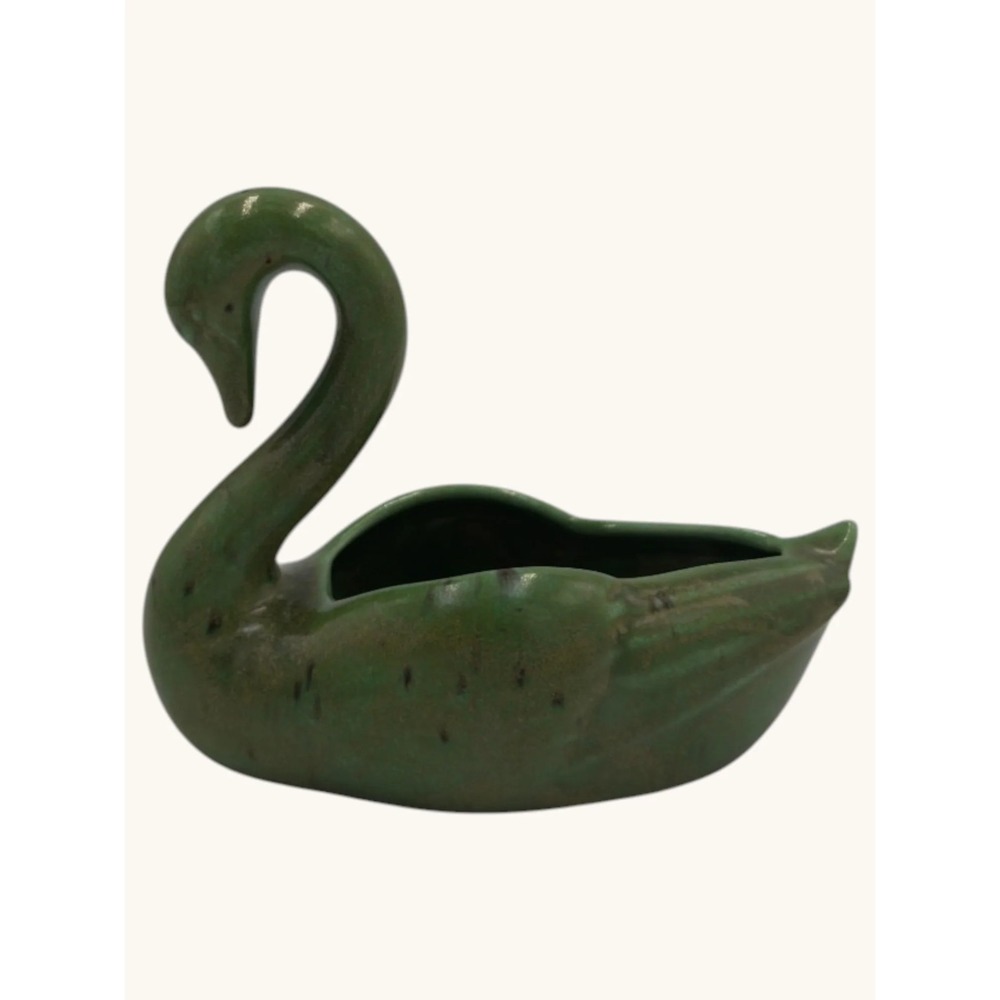 Vintage Canada MLP 203 Green Drip Glaze Swan Planter Pottery Figurine Art Deco